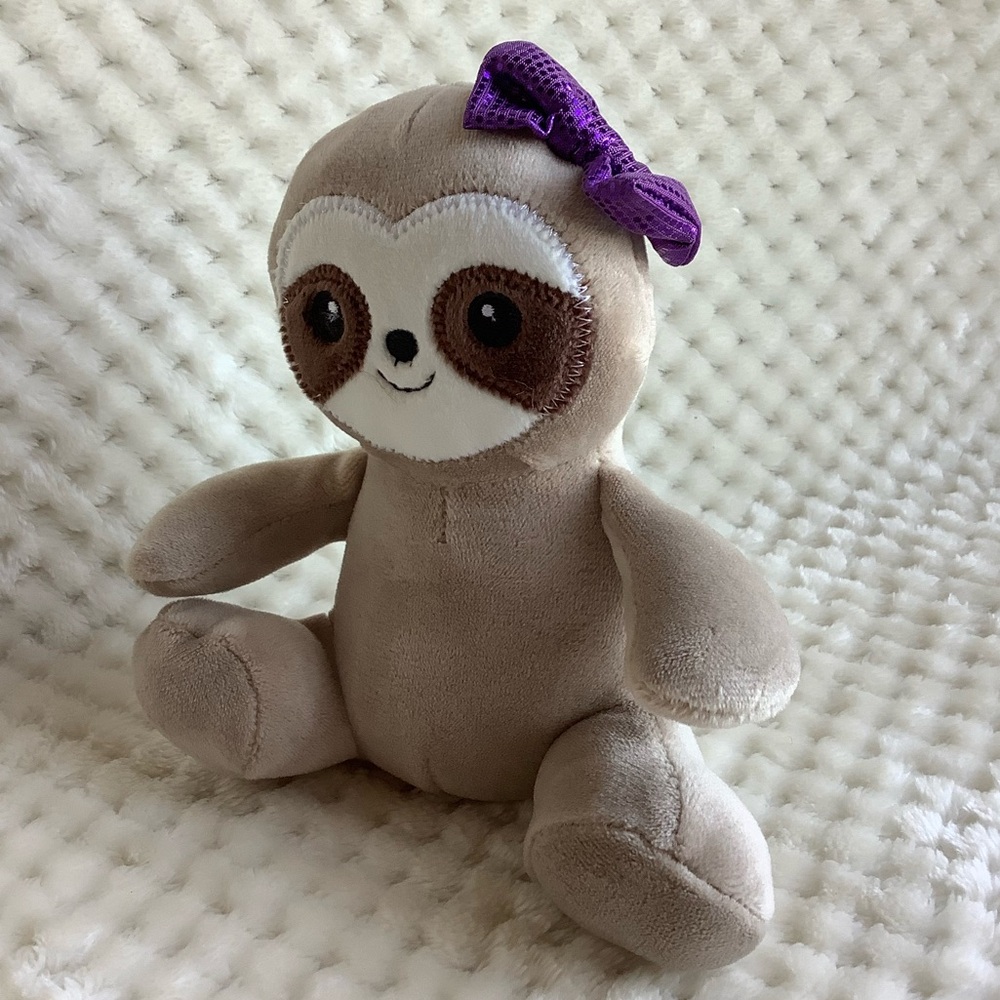 Unbranded Small Plush Sloth with Purple Sparkle Bow Stuffed Animal Toy